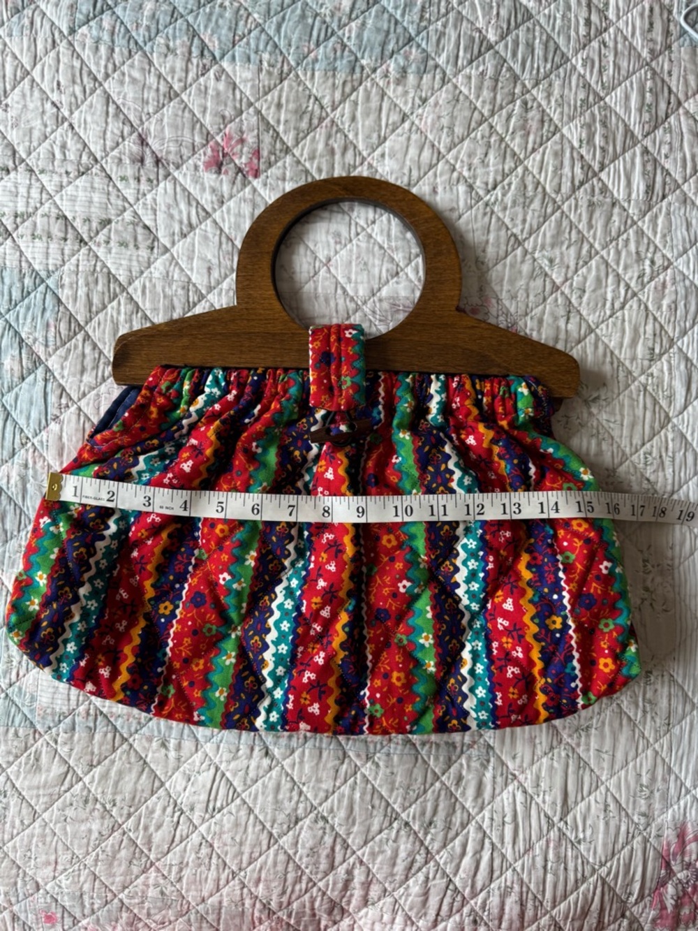 Vintage Boho Folk Print Wooden Handle Bag Cottagecore Festival Summer Purse - Picture 7 of 9